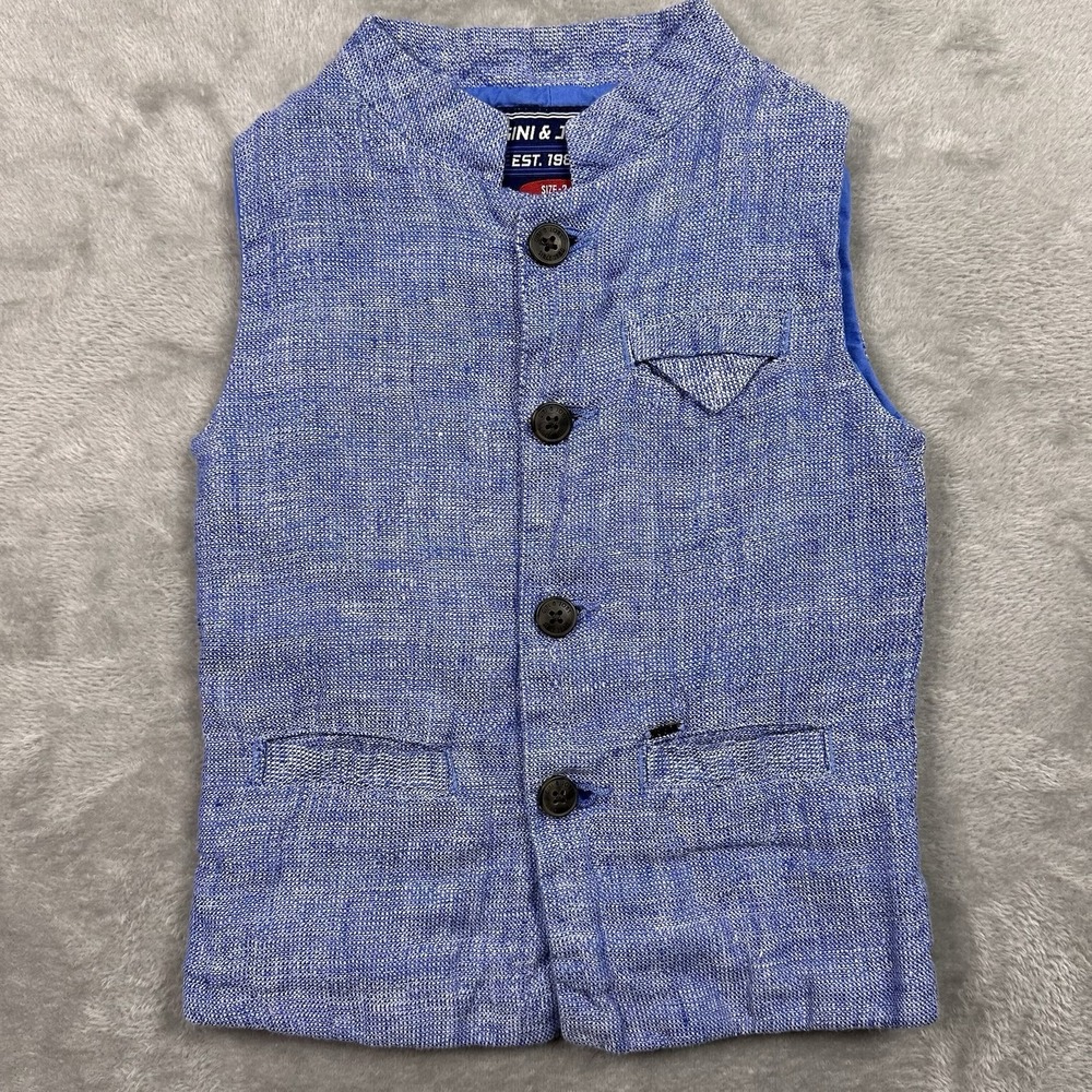 Gini & Jony Kids 2T‎ Blue Linen Nehru Vest Mandarin Collar Party Wedding Jacket